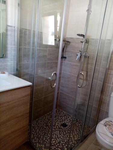 une salle de bain avec une douche avec un lavabo et des toilettes dans l'établissement Lou Pitchoun Cabanon, à Callas