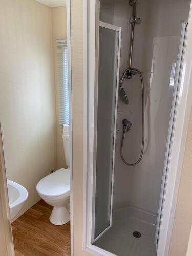 La salle de bains est pourvue de toilettes et d'une douche en verre. dans l'établissement Chalet Formentera in de duinen van IJmuiden aan Zee, à IJmuiden