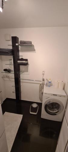 a kitchen with a washing machine in a room at FeWo Püttlingen 1 in Püttlingen
