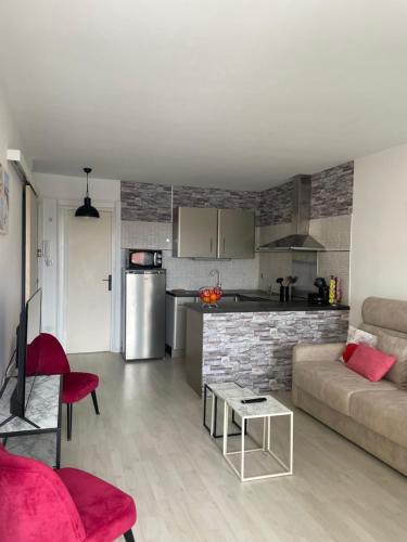 a living room with a couch and a kitchen at APPARTEMENT LUMINEUX SUR LE PORT! 5 MN DE LA PLAGE AVEC PARKING PRIVE in Cap d'Agde