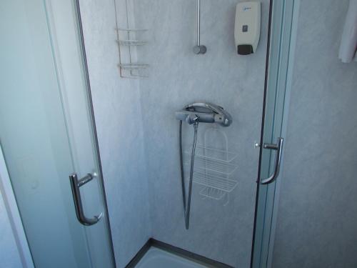 y baño con ducha y puerta de cristal. en Guesthouse Sunnuhóll, en Vestmannaeyjar