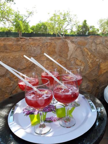 a tray with three wine glasses on a table at VILLA L'ESTAQUE in Armação de Pêra
