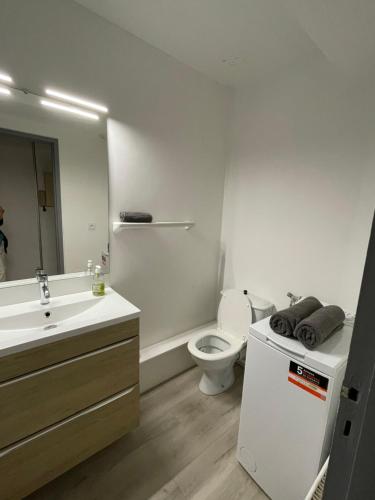 une salle de bain blanche avec des toilettes et un lavabo dans l'établissement Studio entre le phare de Biarritz et la plage d'Anglet, à Anglet
