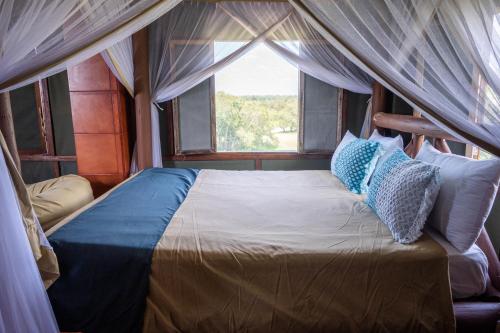 a bed in a room with a window at Babs' Camp, A Tent with a View Safaris in Saadani