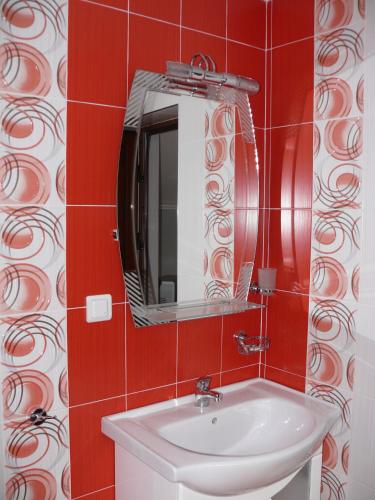 a bathroom with a white sink and a mirror at Kashta Peychevi in Govedartsi