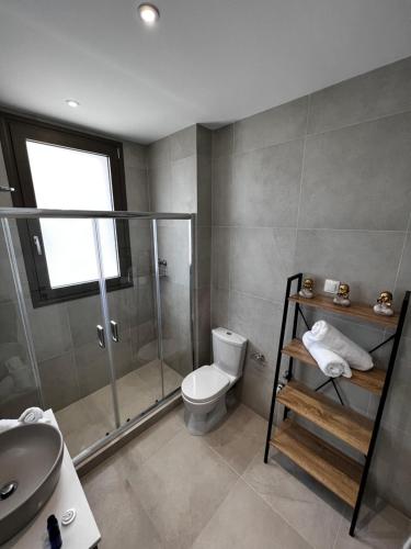 a bathroom with a shower and a toilet and a sink at Giannel Luxury Apartment 1 in Kastanéa