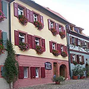 a building with red shutters and flowers on it at Ferienwohnung Alte Schmiede in Burkheim