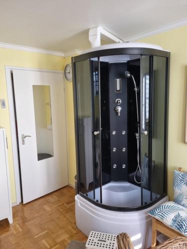 een badkamer met een douche en een glazen deur bij Erbuca Bed and Breakfast in Nieuwstadt