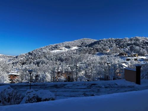 a snow covered yard with a mountain in the background at Villa Clorè Hotel & Spa in Lama Mocogno
