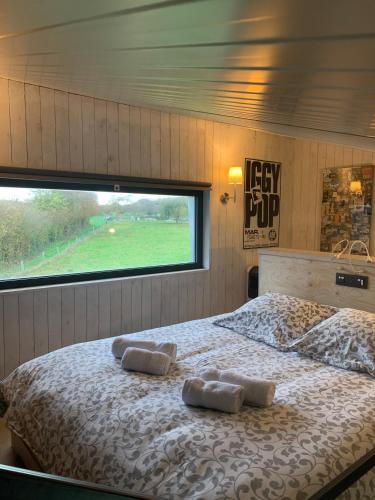 a bedroom with a large bed with two pillows on it at Dailly Chalet insolite in Couvin
