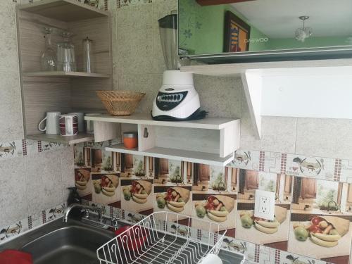 a kitchen with a sink and a counter with pictures on the wall at Depa 2 recamaras Coyoacán in Mexico City