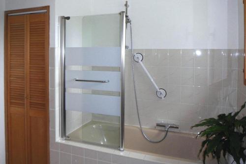 La salle de bains est pourvue d'une douche avec une porte en verre. dans l'établissement Lorraine country house near Lake Madine, Lahayville, à Lahayville