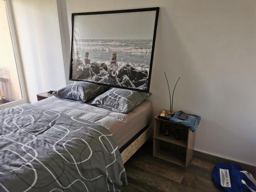 - une chambre dotée d'un lit avec une grande photo sur le mur dans l'établissement Joli Appartement 2 pièces 4 voyageurs tout équipé 13 avenue de la Divette 14390 CABOURG, à Cabourg