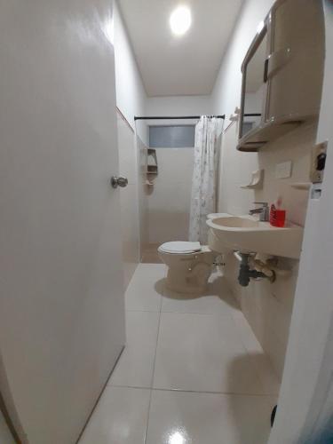 bagno bianco con servizi igienici e lavandino di Apartaestudio Cartagena a Cartagena de Indias