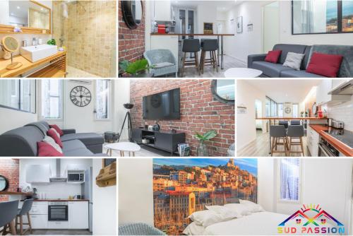 un collage de photos d'un salon et d'un appartement dans l'établissement SUD PASSION - Fada Vieux Port - Calme - Linge de qualité - Lit king size - Fibre, à Marseille