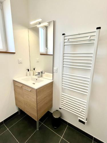 une salle de bain avec un lavabo et un miroir dans l'établissement Errakis, Joli studio secteur Hippodrome, à Caen