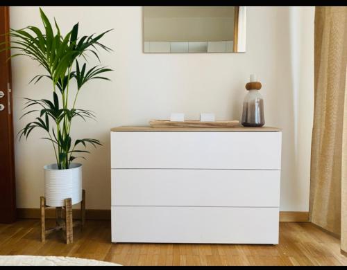 a white dresser with a plant in a room at Giada Apartment in Verona