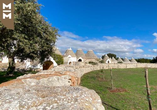 
a grassy area with a stone wall and some trees at Masseria Mangiato 1557 in Alberobello
