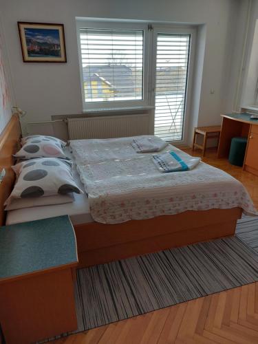 a bedroom with a bed in a room with a window at Apartmaji Tisa in Moravske Toplice