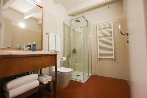 a bathroom with a shower and a sink and a toilet at Quinta da Riba Má in Santa Leocádia