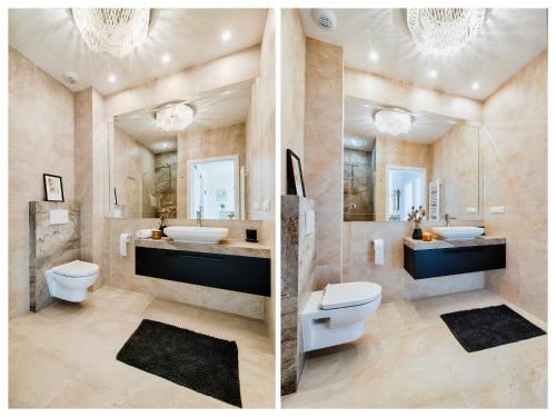 two pictures of a bathroom with a sink and a toilet at Luxury Apartment St. Sebastian in Krakow