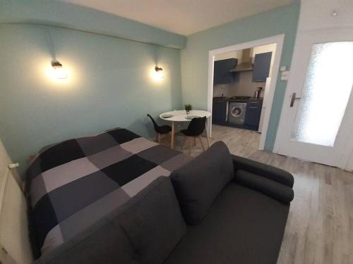 1 dormitorio con sofá, mesa y cocina en Beau T1 2 personnes BERGSON, en Saint-Étienne