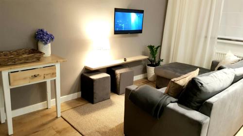 a living room with a couch and a tv on the wall at Apartament Prima in Lubniewice