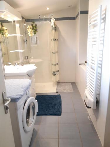 a white bathroom with a sink and a toilet at Gîte AUX 3 PTITS COCHONS in Cuisiat