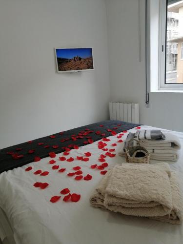 a bedroom with a bed with red flowers on it at Home Beach in Figueira da Foz