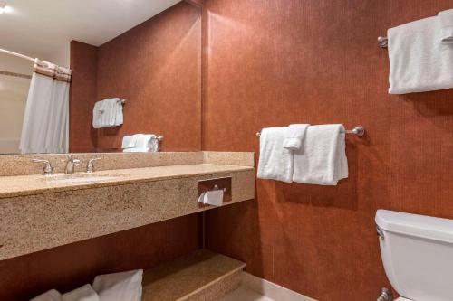 a bathroom with a sink and a toilet and a mirror at Mountain Edge Suites at Sunapee, Ascend Hotel Collection in Newbury