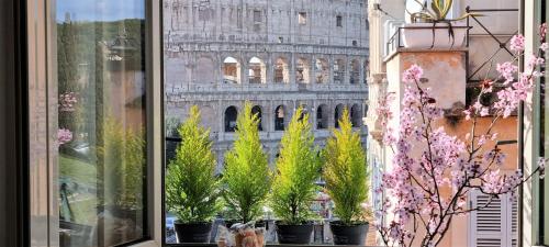 a window with potted plants and a building at Rental in Rome Colosseo View Luxury in Rome