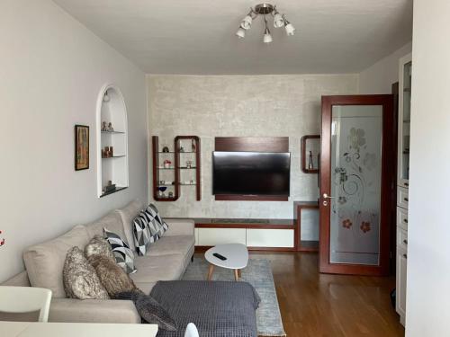 ein Wohnzimmer mit einem Sofa und einem Flachbild-TV in der Unterkunft Cozy Nest Ledi in Tirana