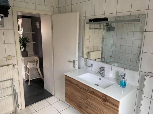 a bathroom with a sink and a mirror at Ferienwohnung am West-östlichen Tor in Ecklingerode