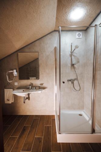 a bathroom with a shower and a sink at Turiyske Podvir'ya in Blazhennik