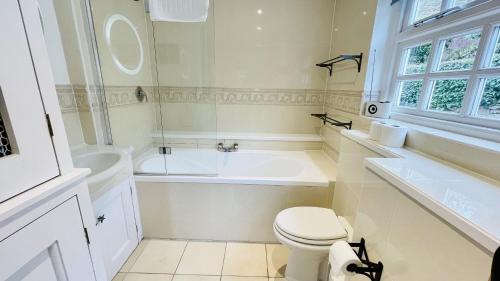 a bathroom with a tub and a toilet and a sink at Thornwell Cottage - Heart of the village, amazing gardens, glorious views and brimming with character in Dittisham