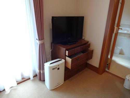 a bathroom with a tv and a dresser with a television on it at Chuzenji Kanaya Hotel in Nikko