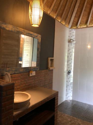 a bathroom with a sink and a mirror and a shower at Le Biu garden View in Nusa Lembongan