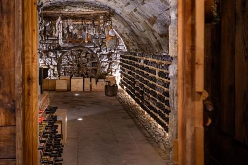 a hallway of a wine cellar with a bunch of wine bottles at Hotel Garni Pegrà in Ponte di Legno
