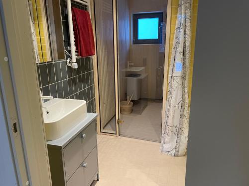 a bathroom with a sink and a toilet and a shower at Viste Funäsdalen in Funäsdalen