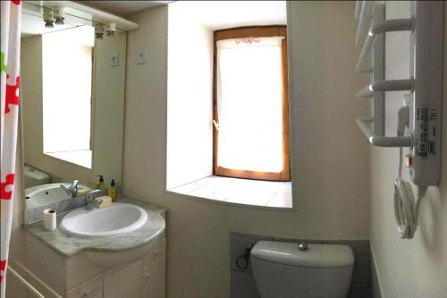 ein Badezimmer mit einem Waschbecken, einem WC und einem Spiegel in der Unterkunft Joli studio de caractère in Gray
