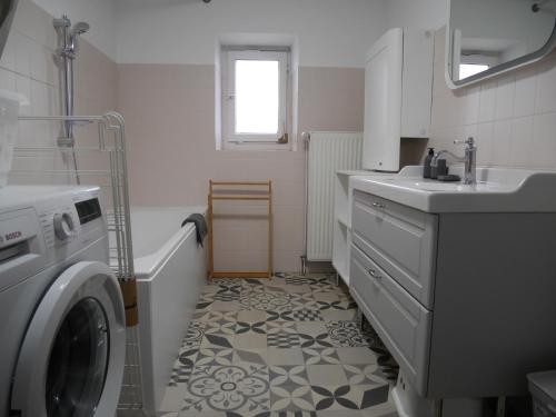 a bathroom with a washing machine and a sink at Gîte Madeleine et Clémentine in Gueberschwihr