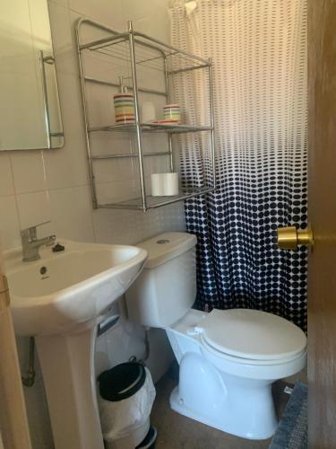 een badkamer met een wit toilet en een wastafel bij Casa conferencia in Santiago