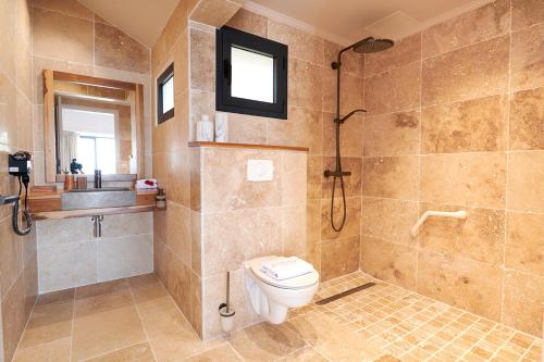 布雍特的住宿－LES GALETS ROUGES LODGES & SPA，浴室配有卫生间、淋浴和盥洗盆。