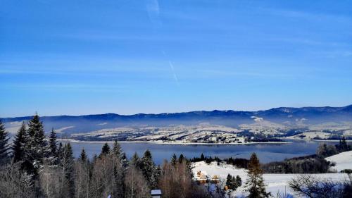 a view of a lake with snow on the ground at FAJNE CHATY - rodzinny wypoczynek w górach in Falsztyn