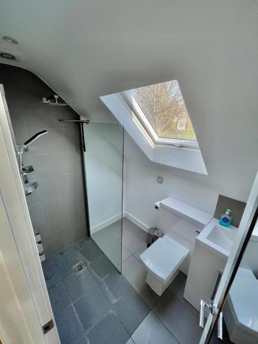a bathroom with a shower and a toilet and a skylight at Four Corners Holiday Home Hot Tub & Sauna in Ferndown