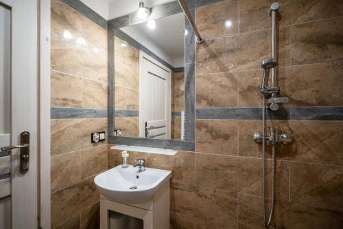 a bathroom with a sink and a shower at Domek u Świerków in Chochołów