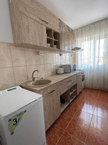 una piccola cucina con lavandino e frigorifero di Apartament Oskar a Jurilovca
