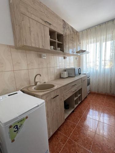 a small kitchen with a sink and a refrigerator at Apartament Oskar in Jurilovca