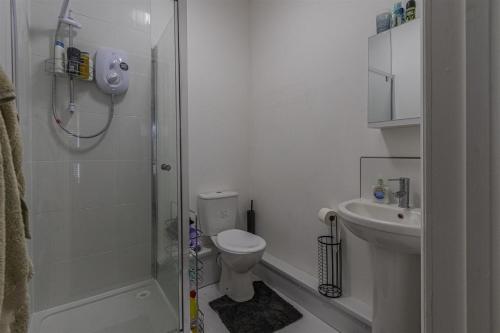uma casa de banho com um chuveiro, um WC e um lavatório. em millennium stadium guest house em Cardiff