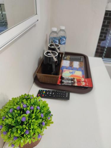 a counter top with a remote control and a potted plant at Sinurambi 2 in Kundasang